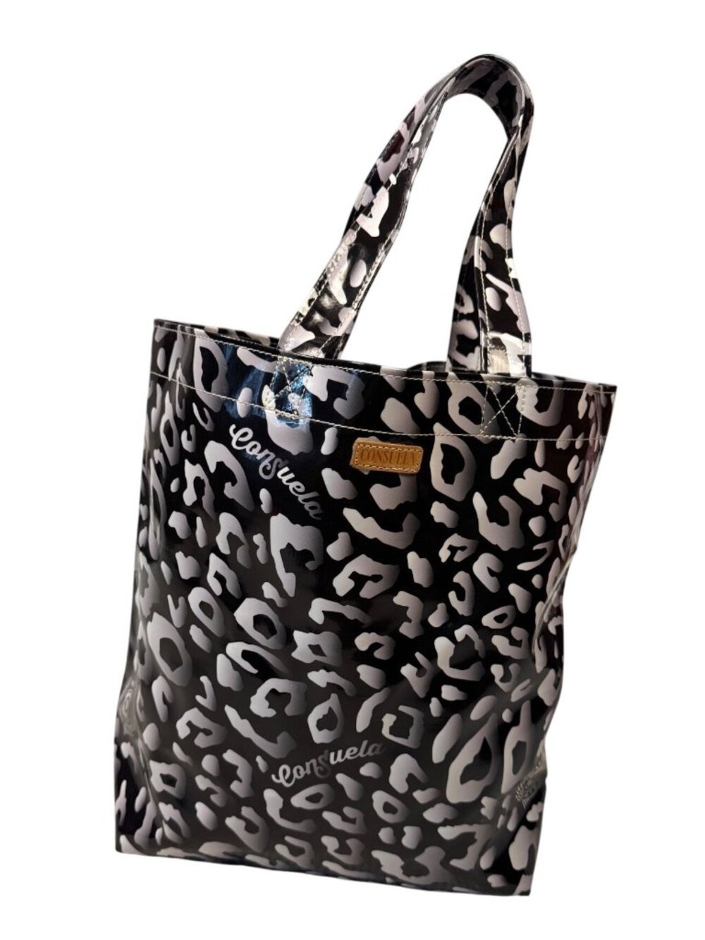 Consuela Grab & Go Tote Bag Rox Black & Gray Leopard Print With Double Handles